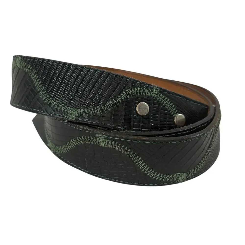 Vintage DDD Black Reptile Embossed Green Stitch Leather Belt Strap 38